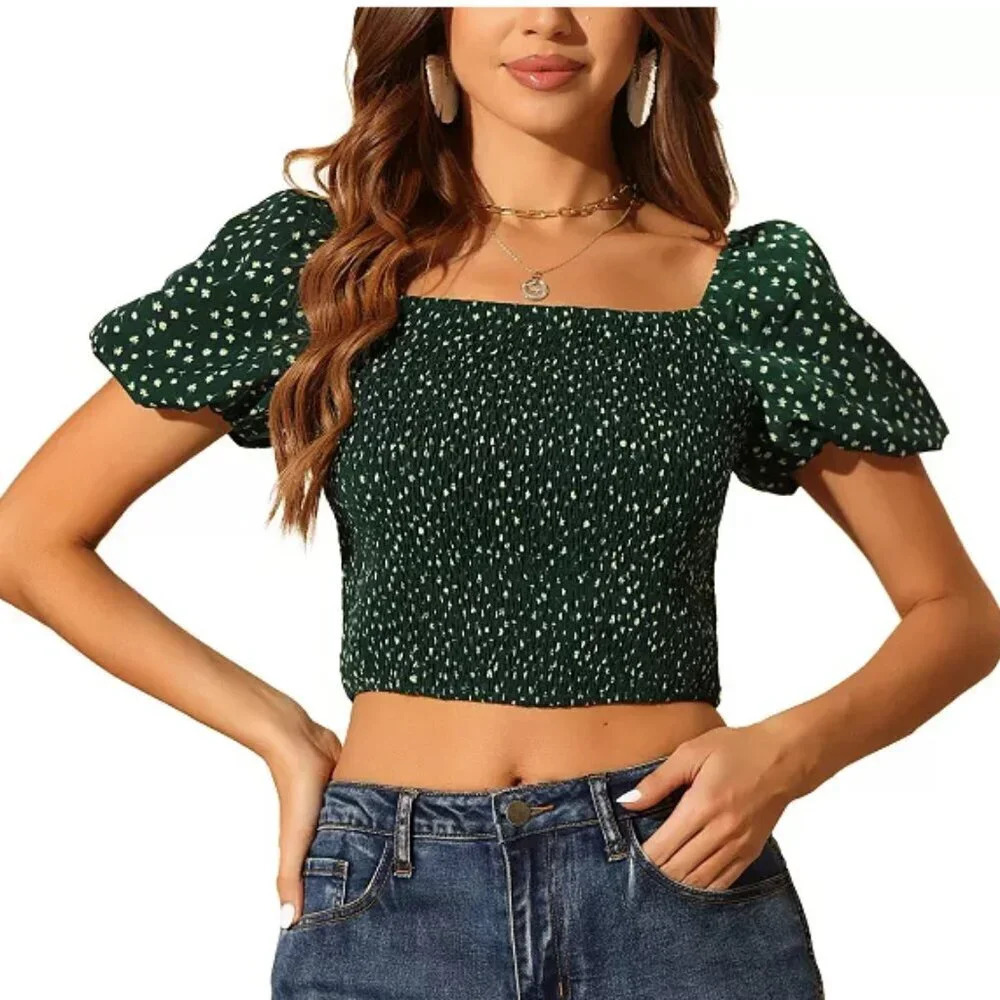 Floral Smocked Tops For Women Crop Top Casual Blouse Black - Picture 3 of 3